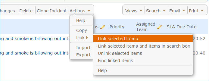 The Actions menu opens a sub-menu with Link options including Link to Selected Items.