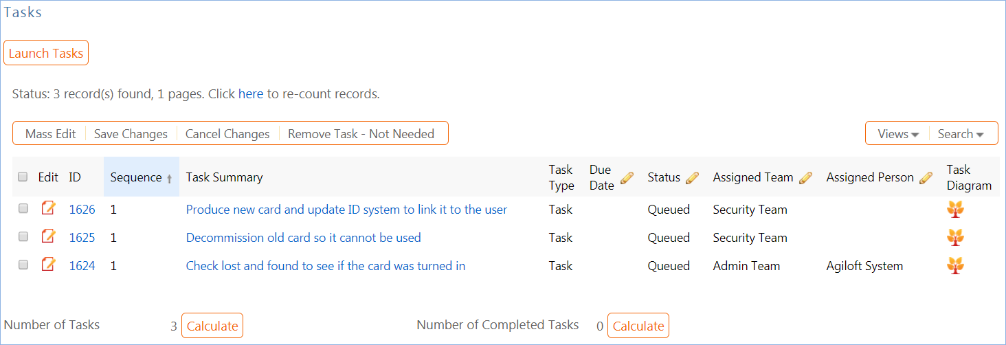 Tasks table in the Incident record.