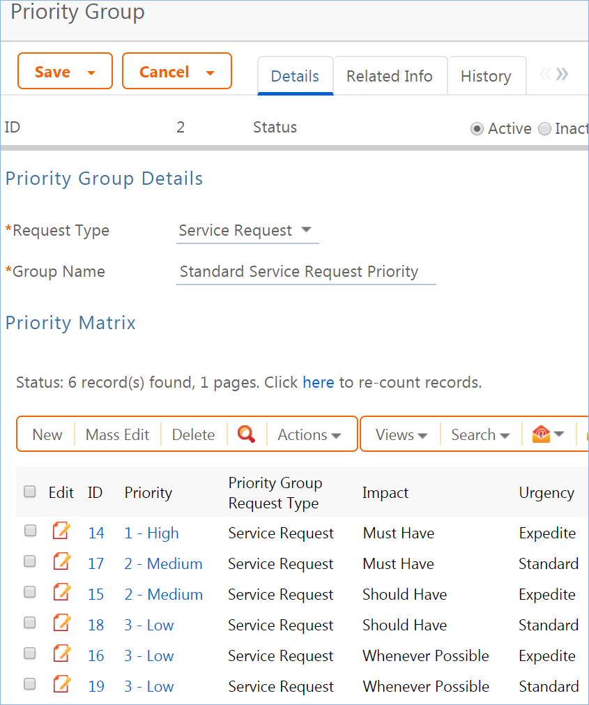 The Details tab in a Priority Group record, showing the Priority Group Details and Priority Matrix sections.