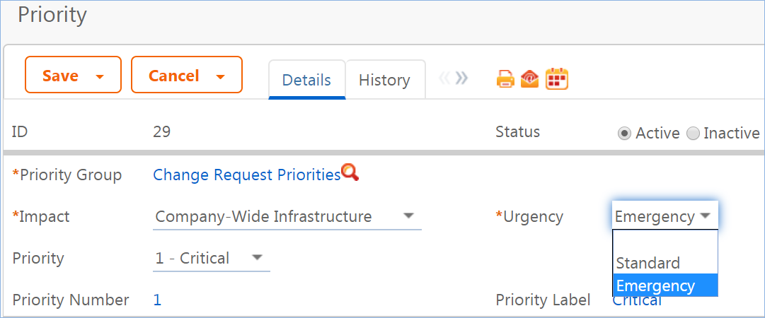 An example of a change request priority record form.