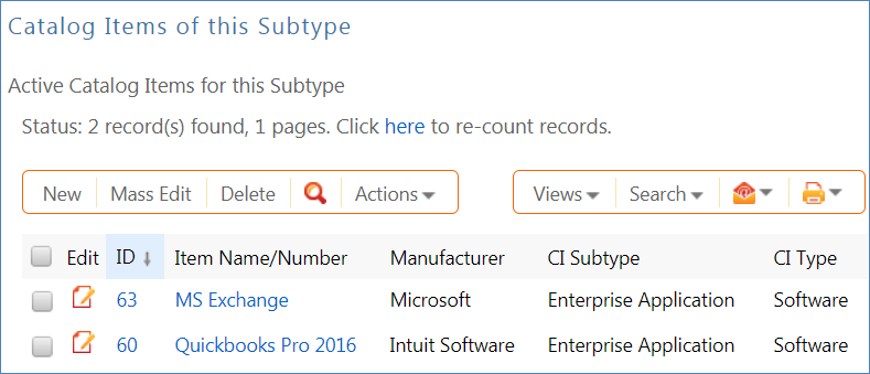 Active Catalog Items for this Subtype table, listing Catalog Items.