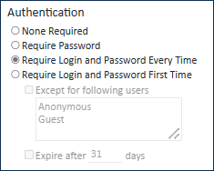 Authentication set to require login and password every time